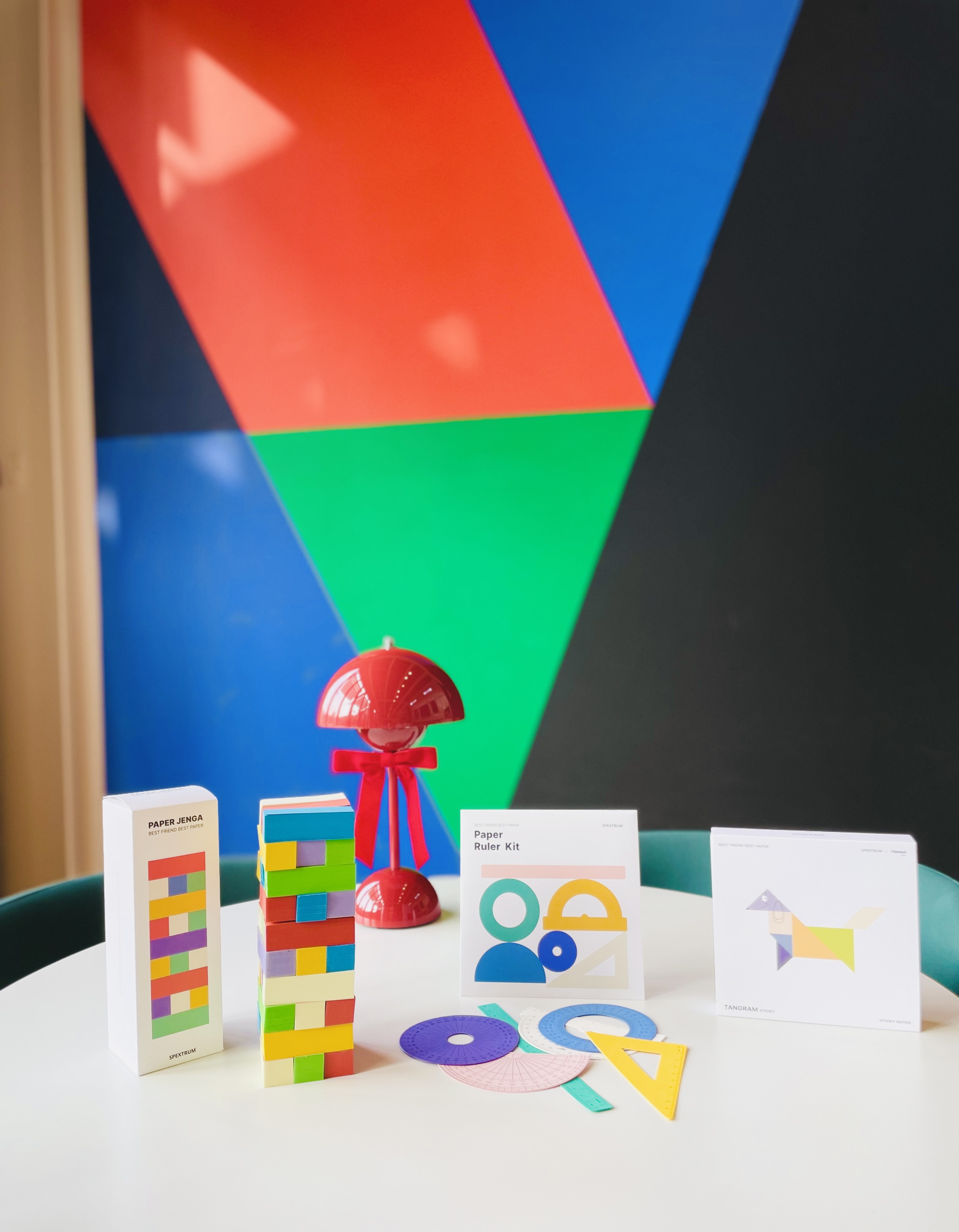Moon Art Grounds merchandise, geometric toys and cards on a colour backdrop, South Korea