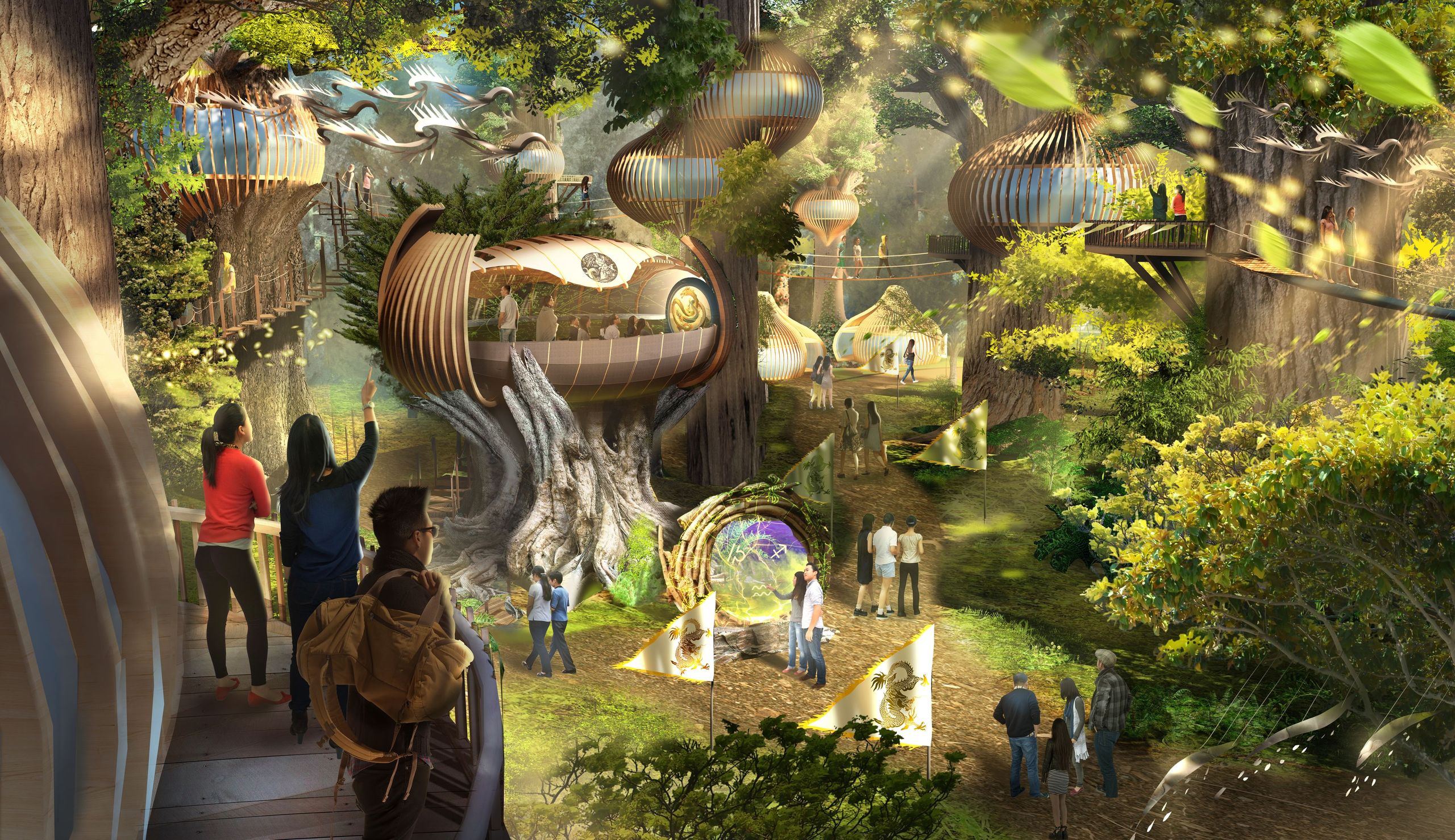 Concept rendering of an immersive forest experience with suspended treehouse pavilions, elevated walkways, and guests exploring among towering trees