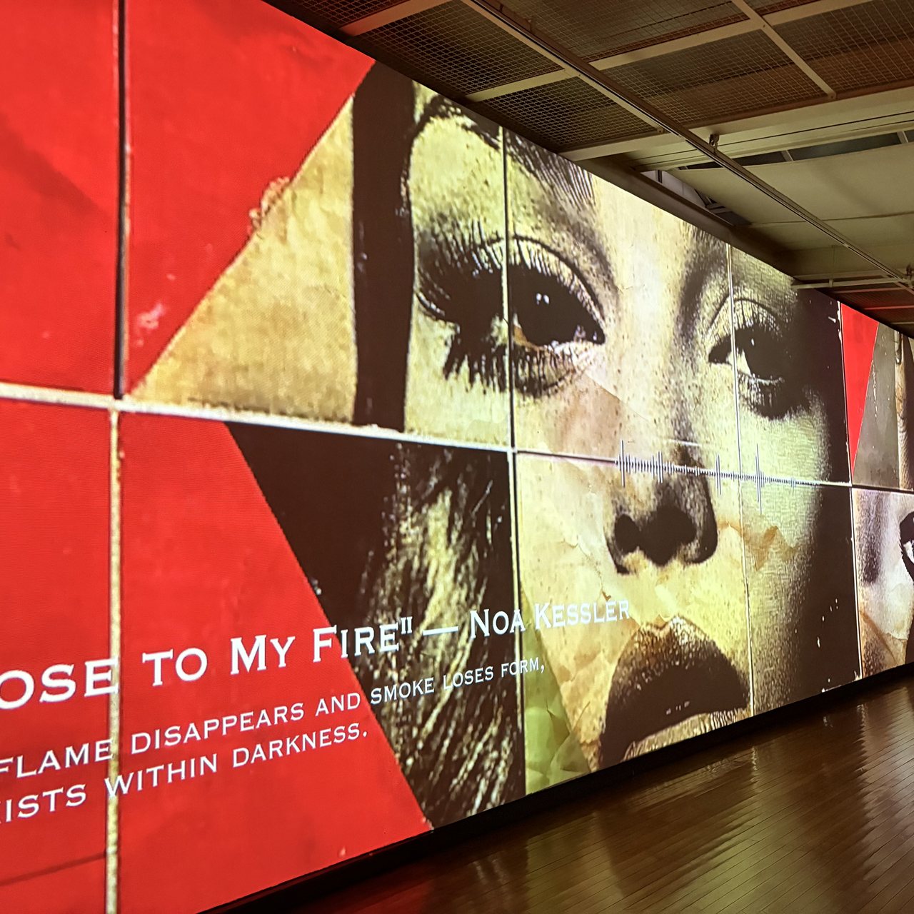 A large LED video-wall art installation inside Moon Art Grounds