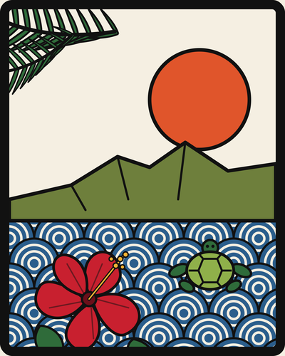 Flat illustration: a sun setting behind green ridges above a red hibiscus and a sea turtle in patterned waves.