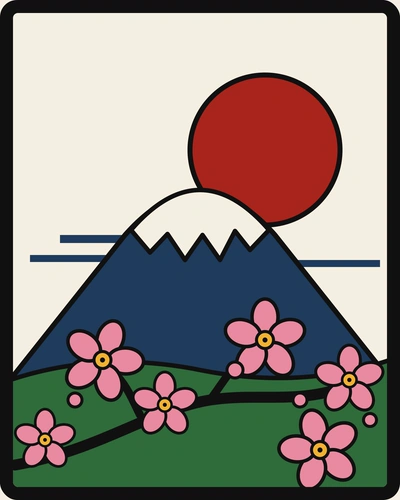 Flat illustration: a snow-capped Mount Fuji beneath a red sun, with a branch of cherry blossoms across the foreground.