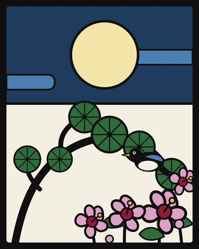 Flat illustration: a magpie perched on a pine branch under a full moon, with mugunghwa blossoms below.